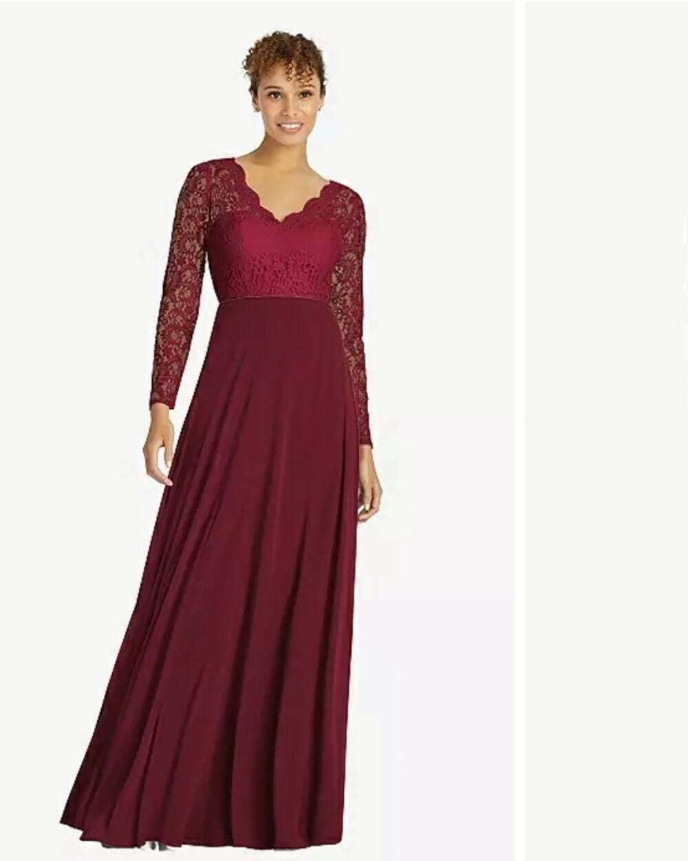NWT Dessy Collection Long Sleeve Illusion Back Lace Chiffon Gown Cabernet 16